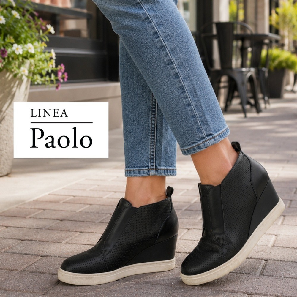 Linea Paolo, Felicia Black‎ Perforated Leather Wedge Sneaker Booties Size 7.5